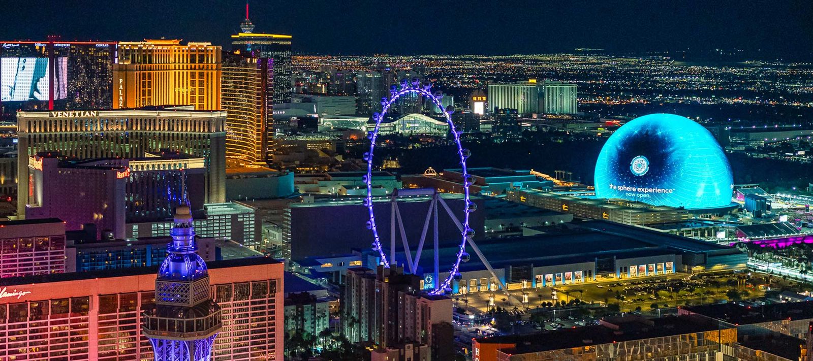 The Las Vegas Strip and Sphere at night from the air